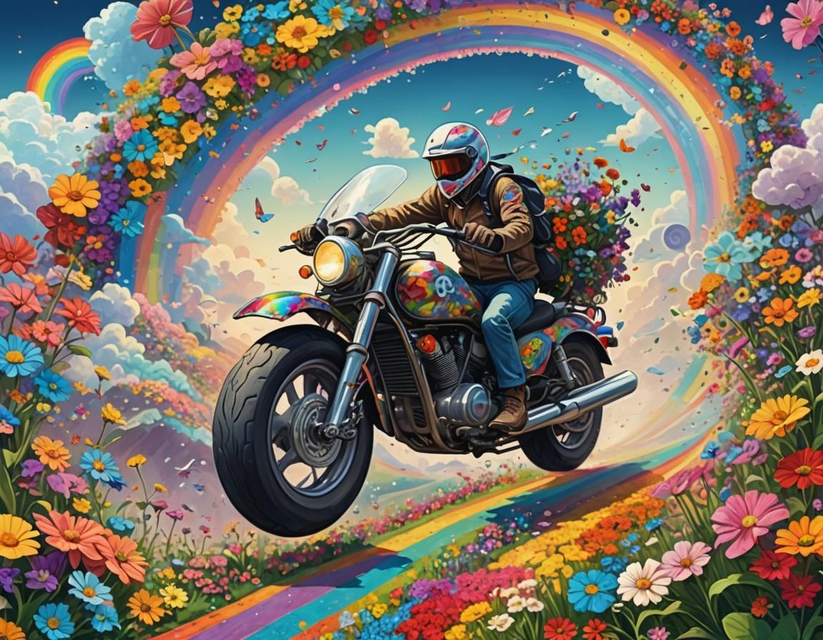 Floral Motorcycle on Rainbow Road: A Surreal Illustration