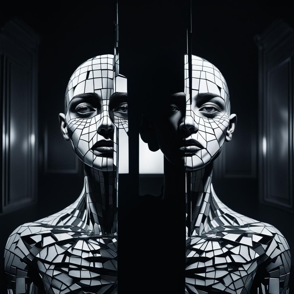 themes of light and shadow, with conflicting emotions manifesting as contrasting elements within the scene. Use symbolis...