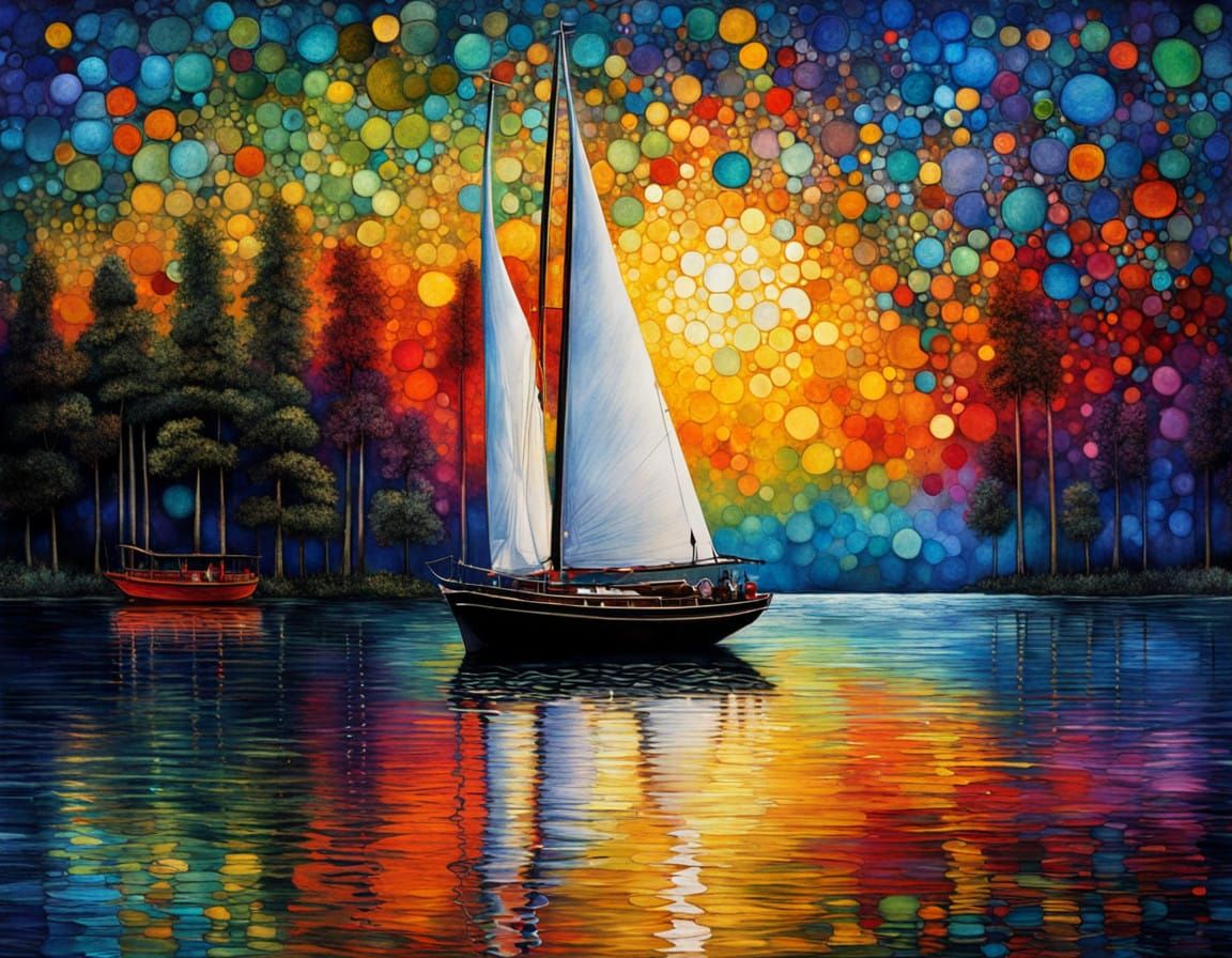 Gilded White Sail Boat on a Lake at Night