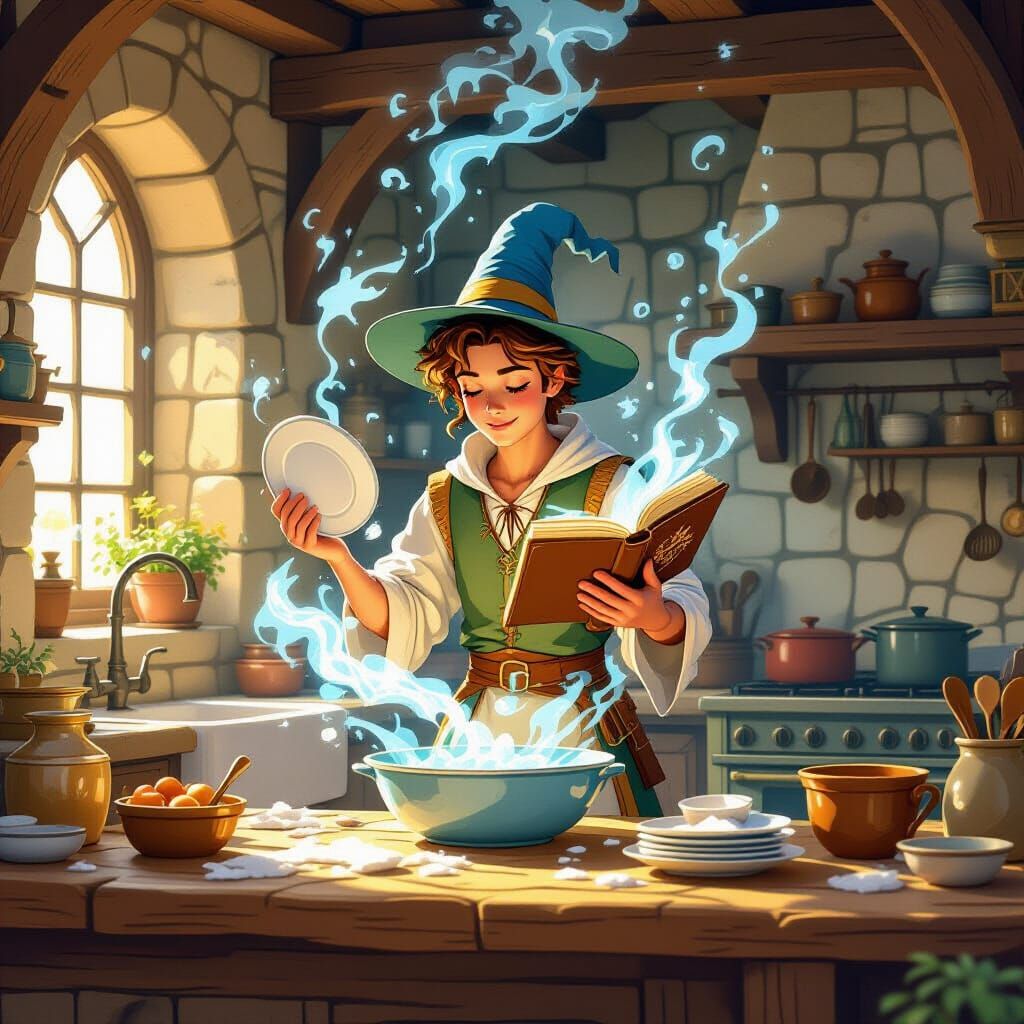 Sorcerer Apprentice Cleans Dishes with Magic in Castle Kitch...