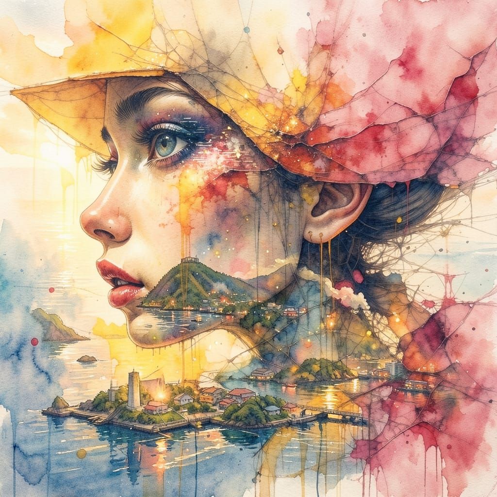 Hashima Island Double Exposure with Expressive Watercolor