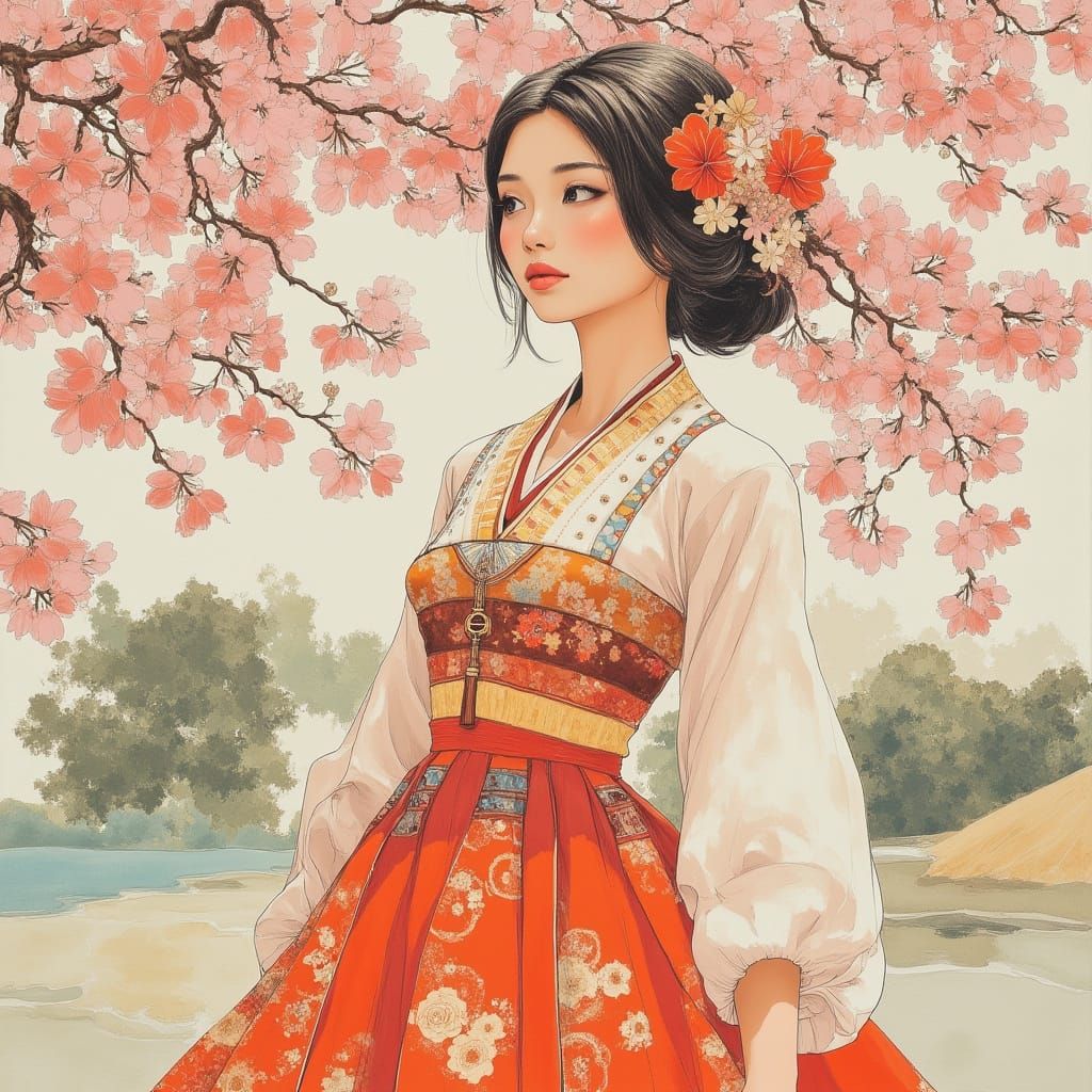 Ha Na in Traditional Hanbok in Serene Garden
