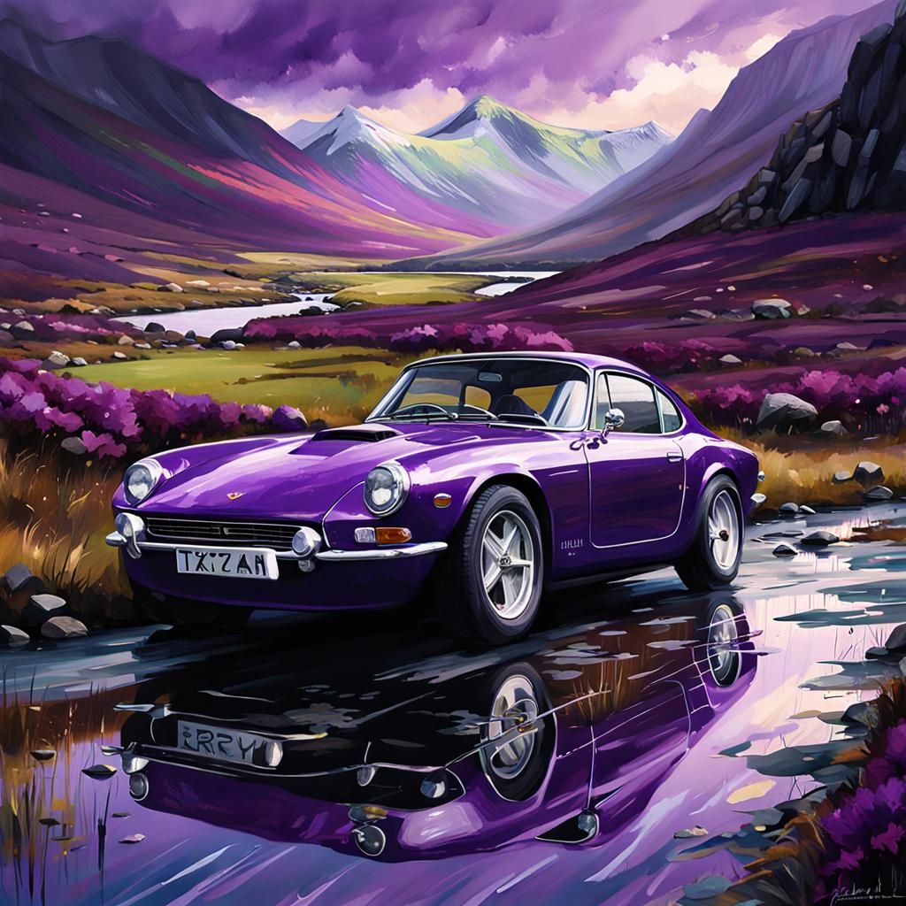 Purple Tartan Sports Car in Scottish Highlands