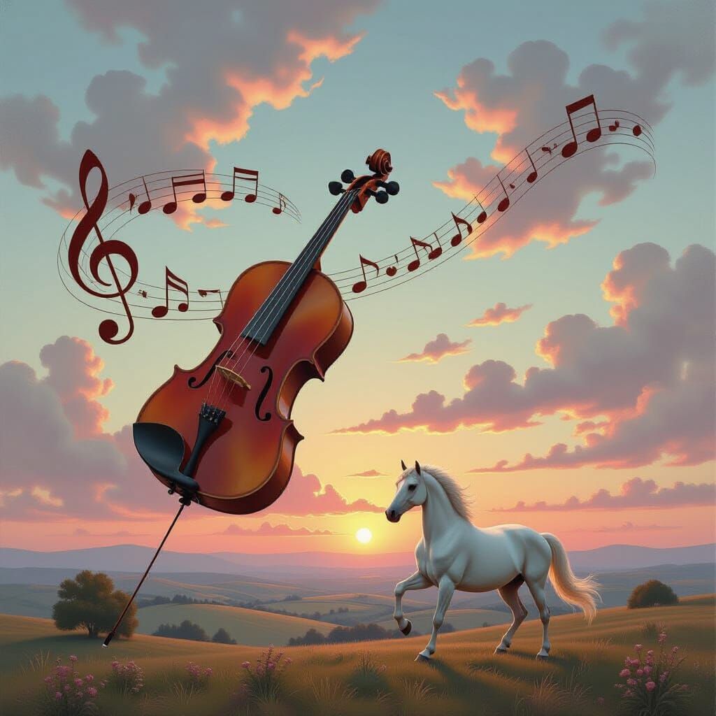 Surreal Violin Music Fills Sunset Sky with Dancing Horse