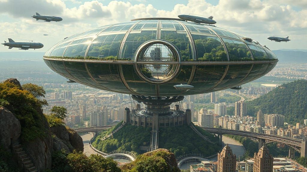 Surreal Futuristic Biosphere Cityscape with Airships and Hig...
