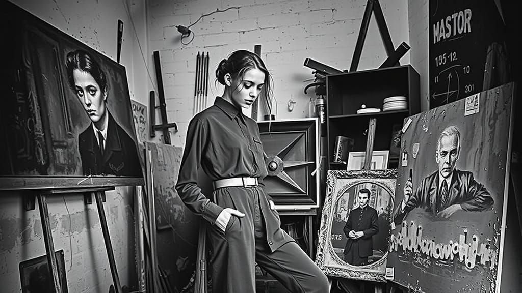 Goth Painter Model in Gritty Studio, Black and White Photo