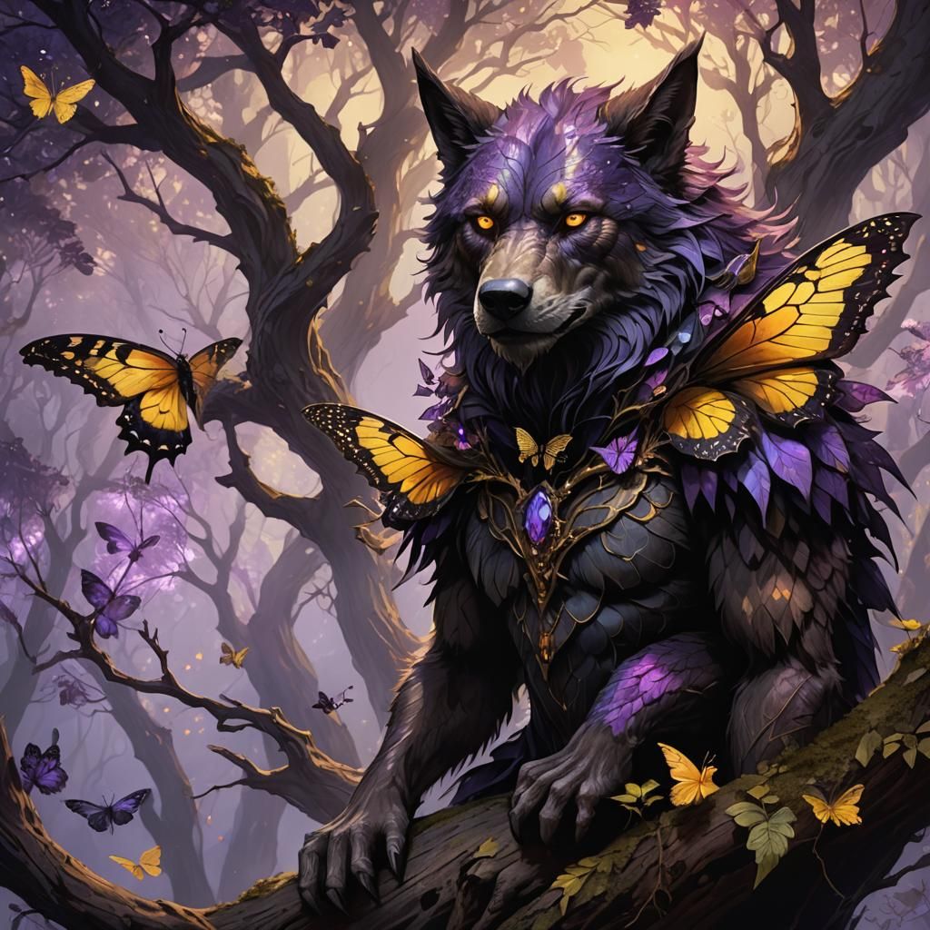 Werewolf Butterfly on Misty Branch: Dark Fantasy Art