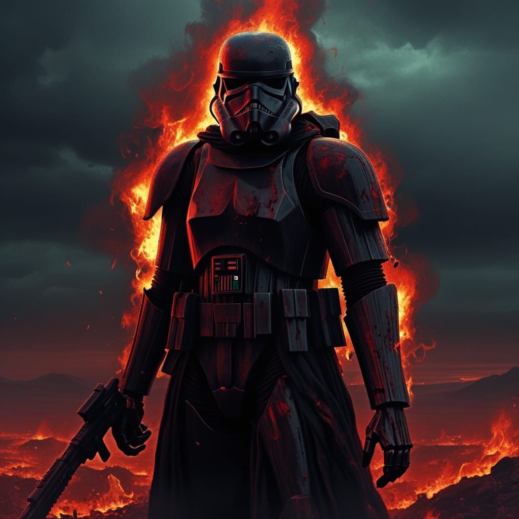 Gothic Stormtrooper of Death in Fiery Landscape