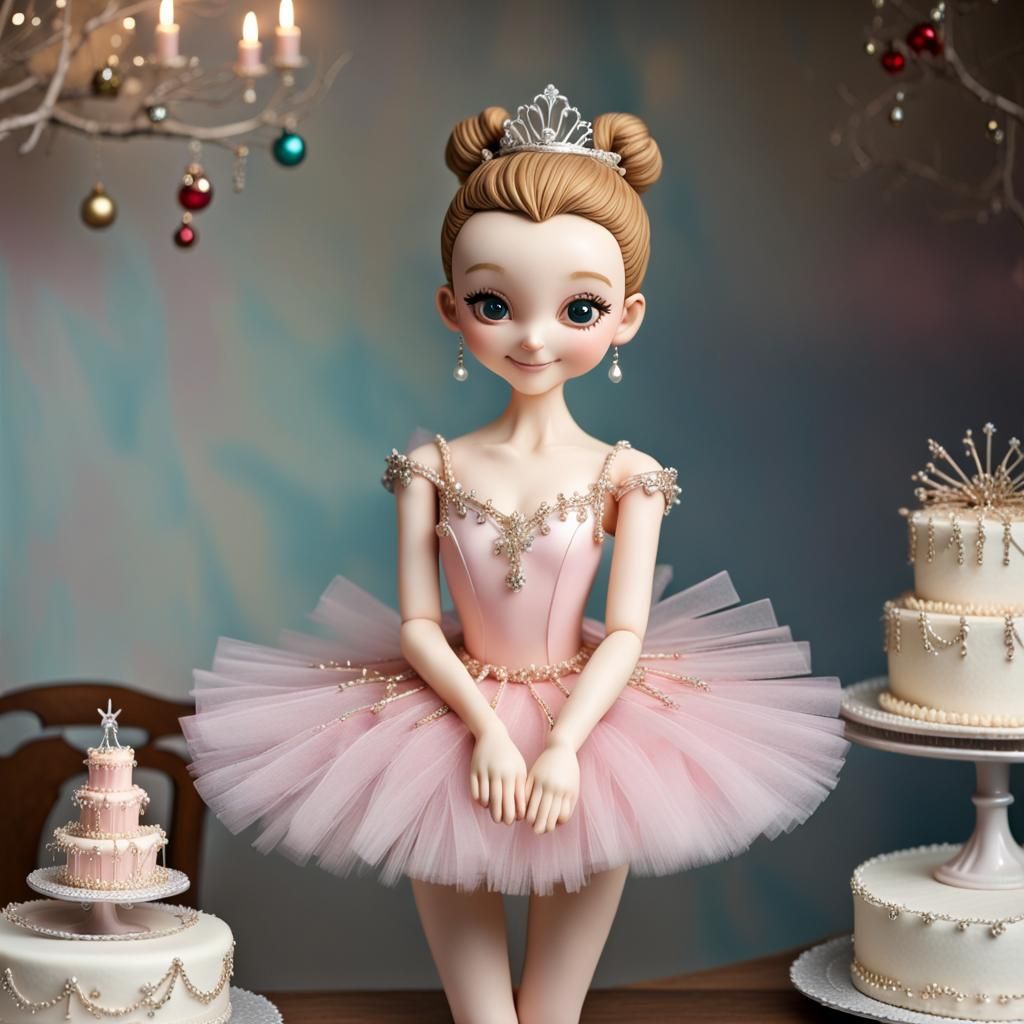 Ballerina Figurine with Cake in Hyperreal Style