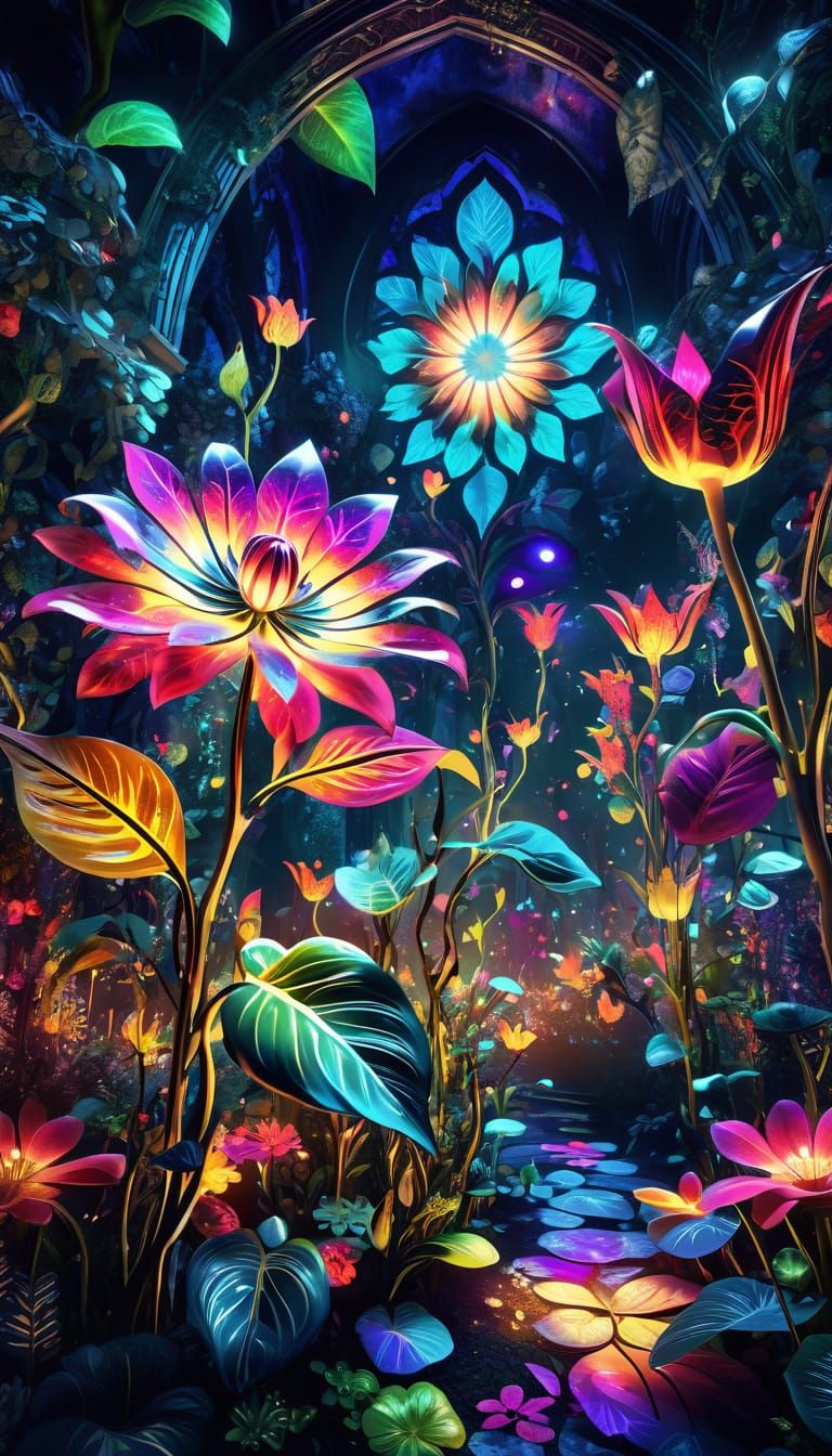 Vibrant Flower Blooms in Enchanted Garden Scene