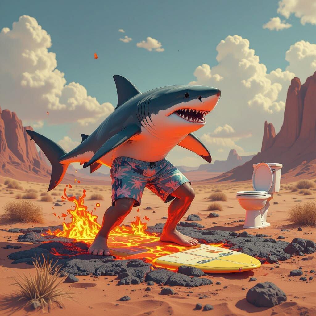 Shark Surfing Lava with Big Feet in Surreal Style