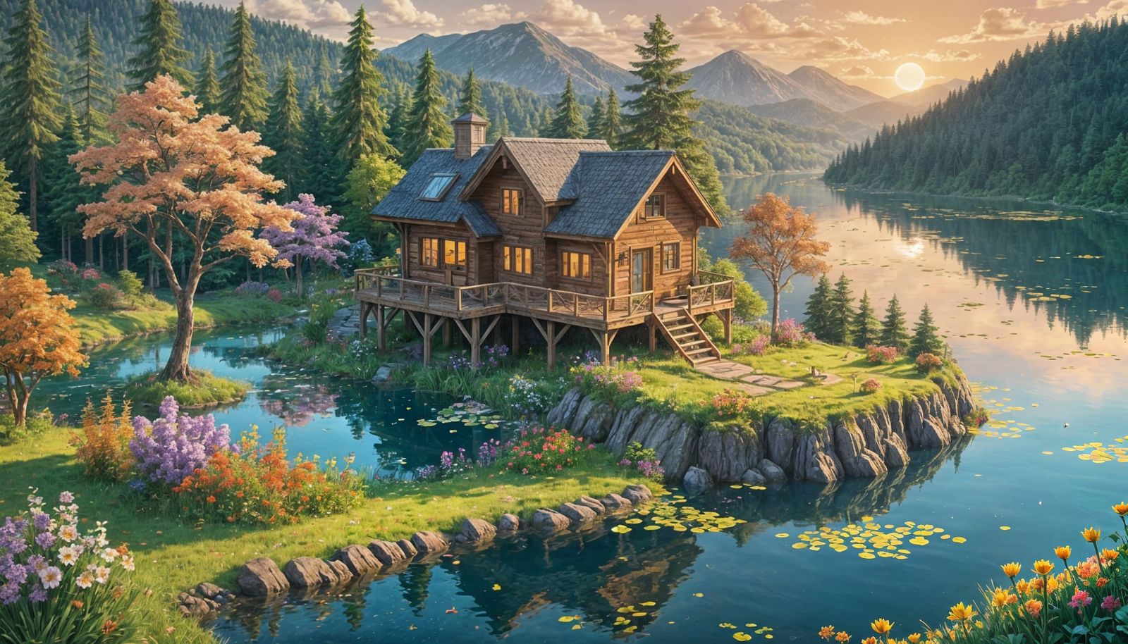 Calm Lake with Colorful Flowers in Pixel Art