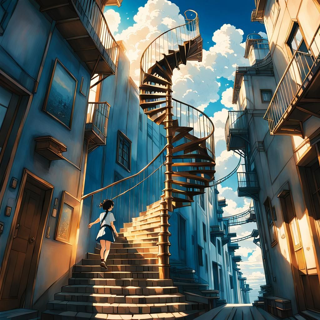 Anime Woman Climbs Never-Ending Staircase in Ghibli Style