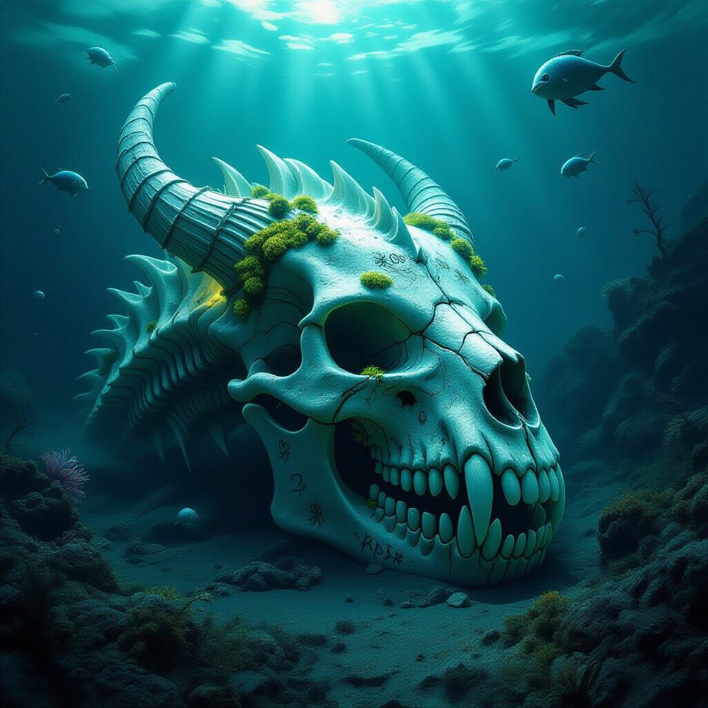 Dragon Skull with Glowing Moss in Dark Ocean Trench