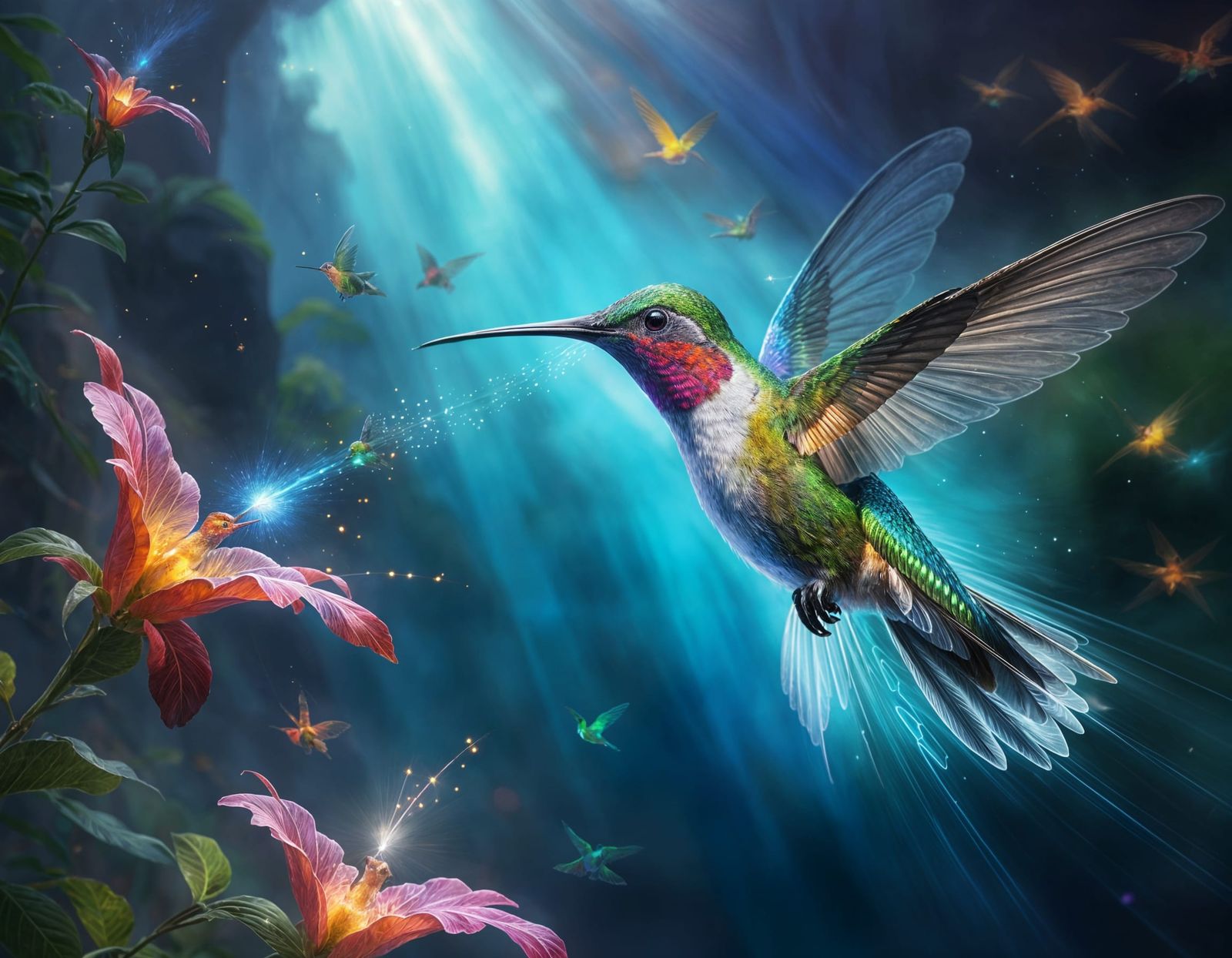 Surreal Holographic Hummingbird Emerges in Radiant Light