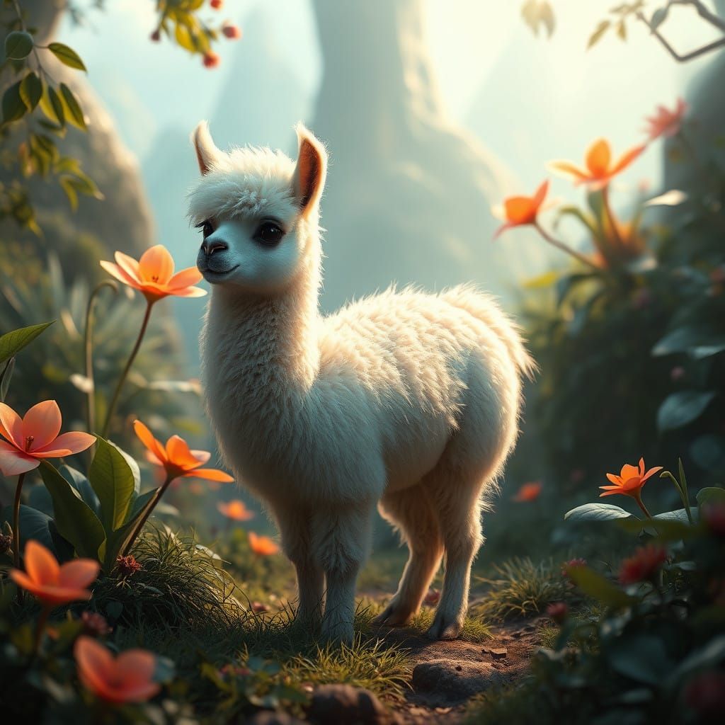 Whimsical Fluffy Lama in Dreamlike Landscape