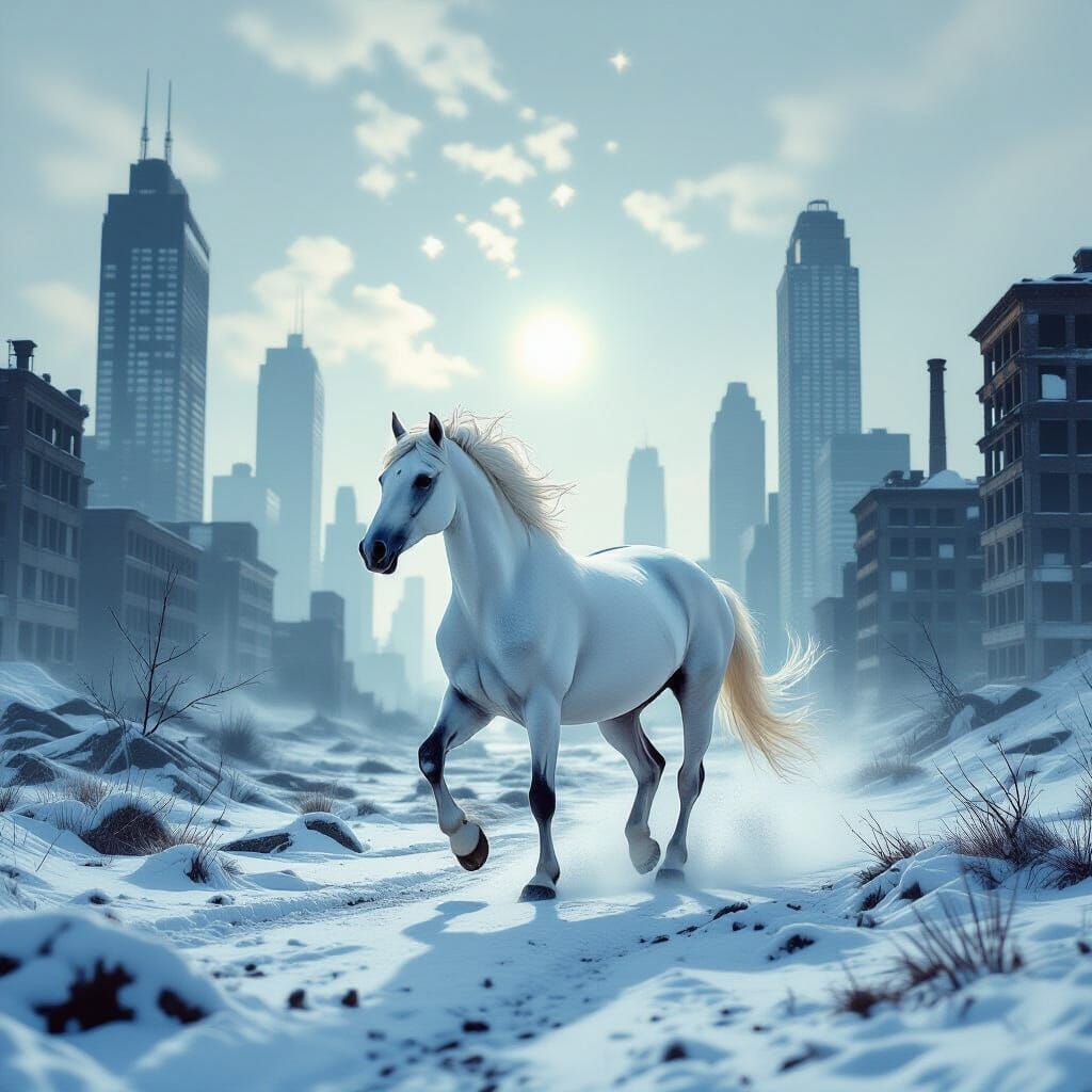 White Horse in Snowy Urban Decay Surreal Art