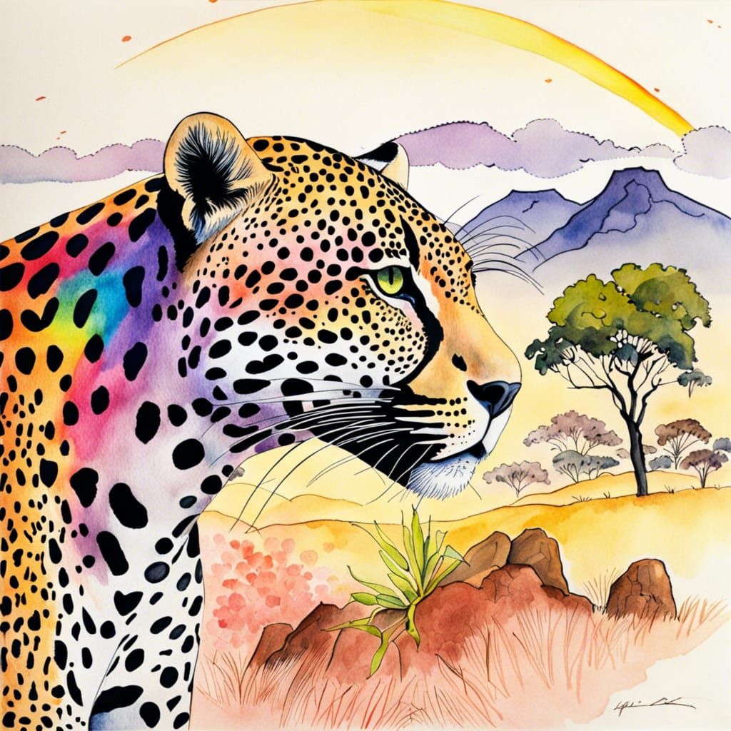 Rainbow Spotted Jaguar in African Landscape
