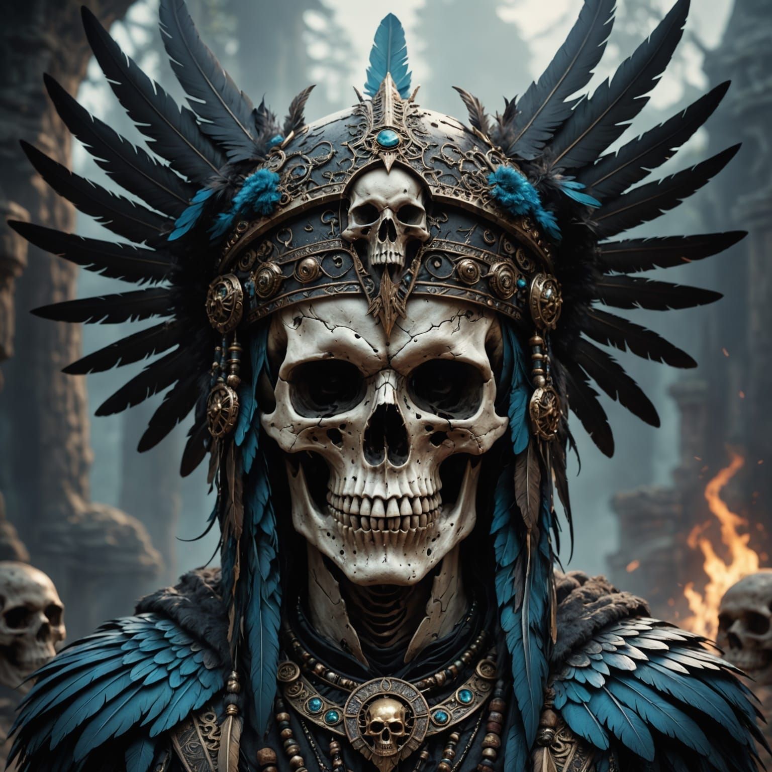 Skull in Raven Headdress in Vibrant Fantasy Art