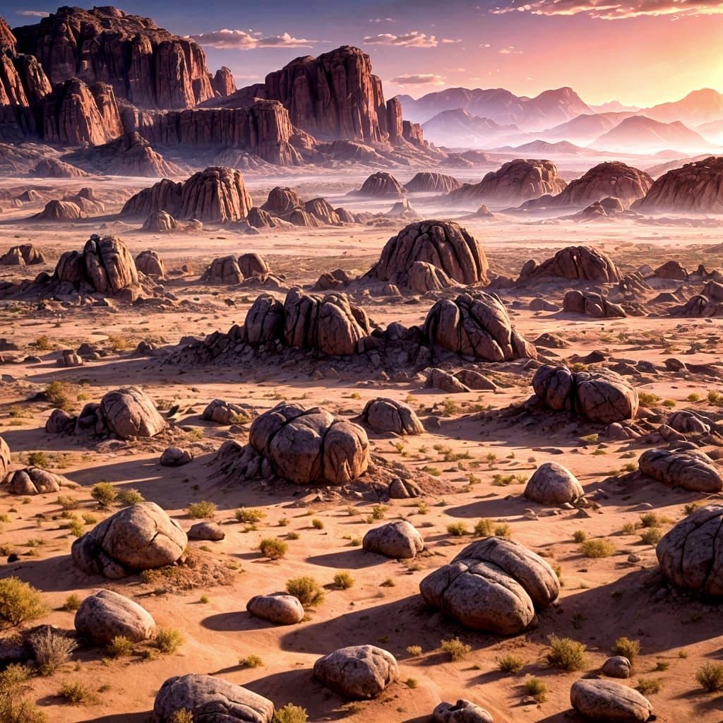 Colorful Desert Dawn with Boulders: Matte Painting