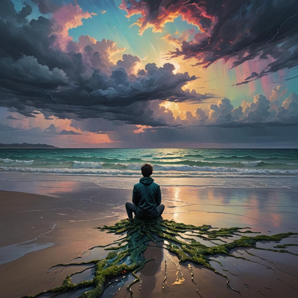 Lonely Figure on a Beach in Surrealist Oil Painting