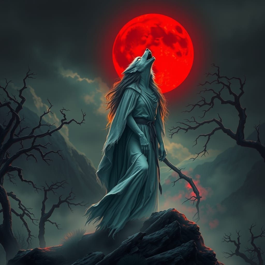 Werewolf Howling at Blood Moon in Atmospheric Landscape