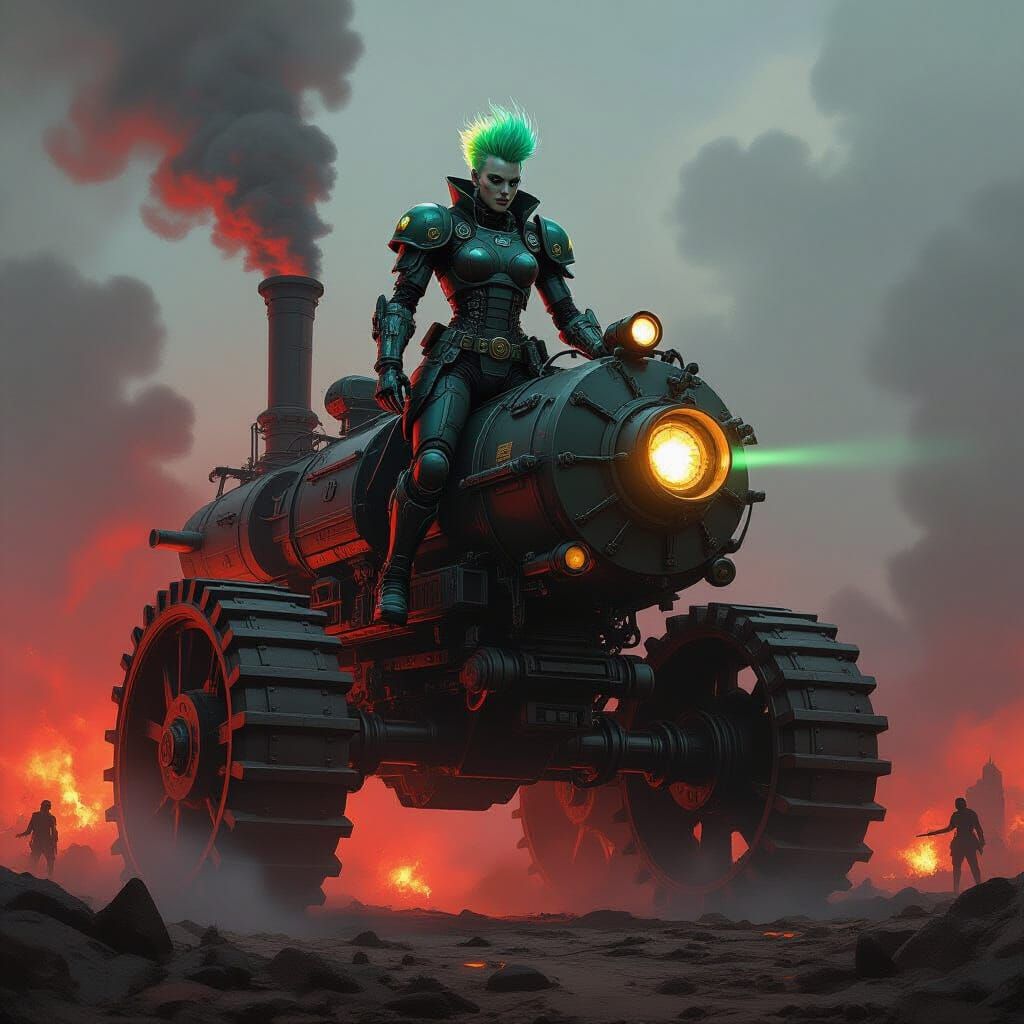 Dieselpunk Cyborg Warrior on Steam-Powered War Machine