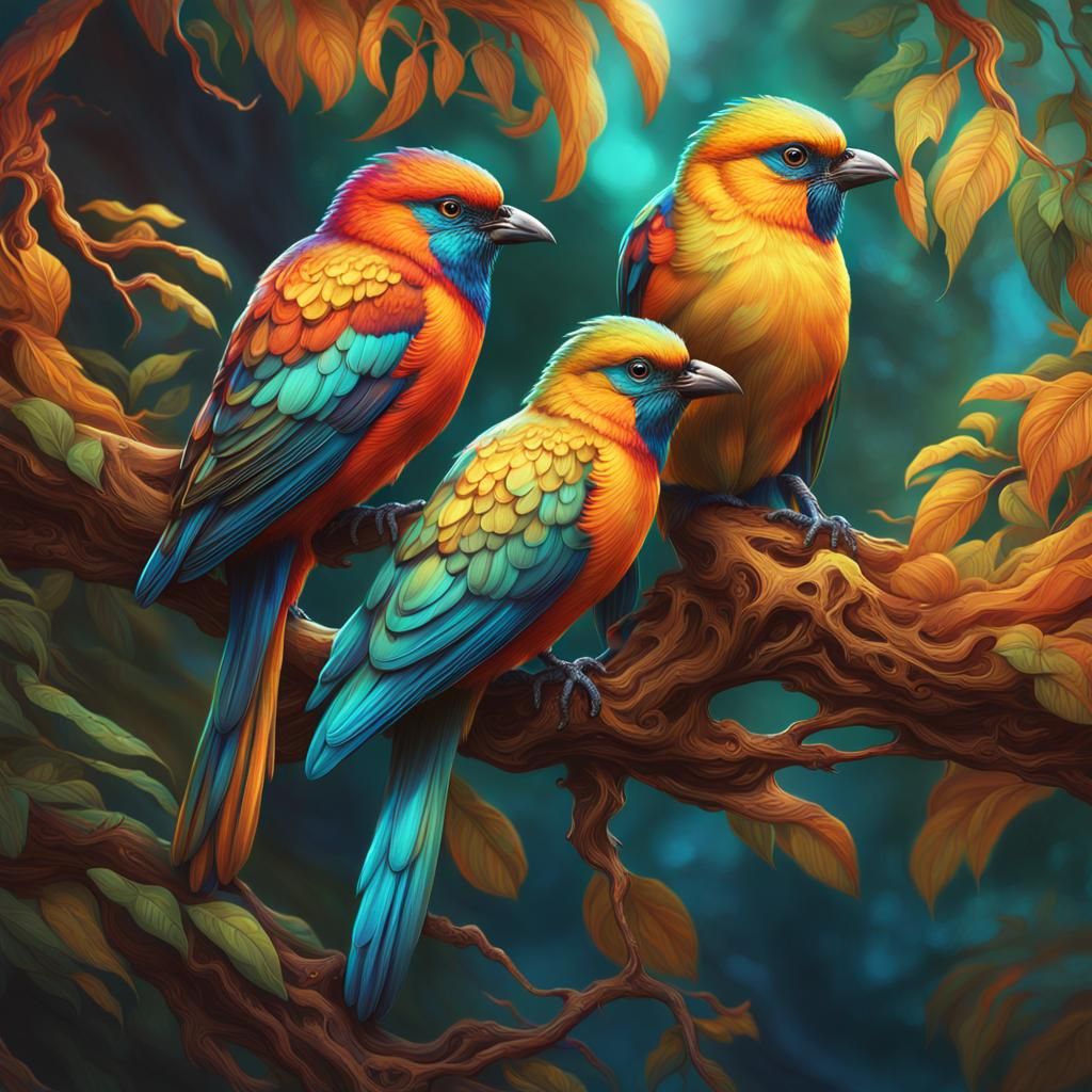 Fantasy Birds Perched on a Gnarled Branch in Vibrant Matte P...