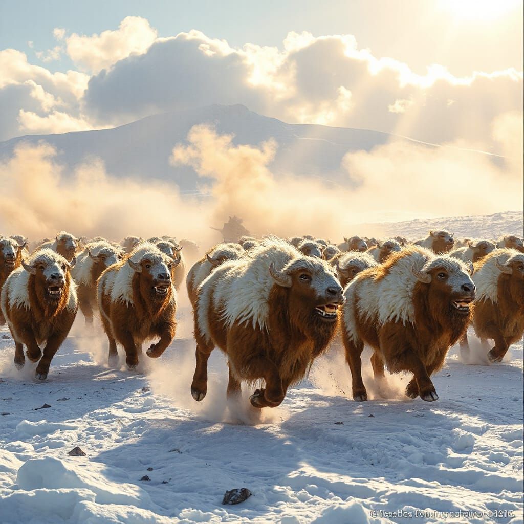Majestic Fantasy Creatures Stampede Across Snowy Tundra