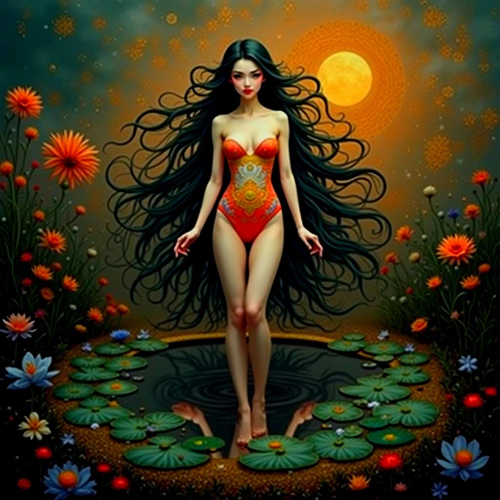 Geisha Portrait with Mirrored Reflection in Hyperrealism