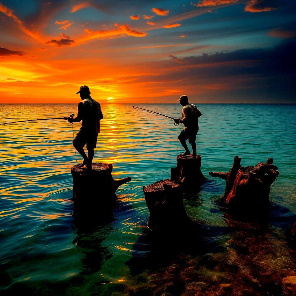 Sri Lankan Sunset with Fishermen in Hyperrealistic Style