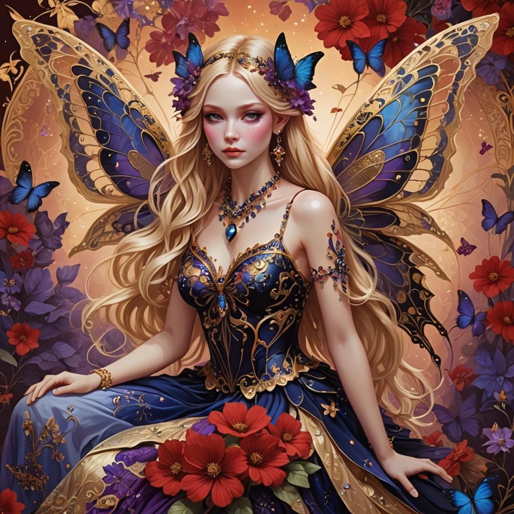 Winged Fairy on Red Flower in Digital Artwork