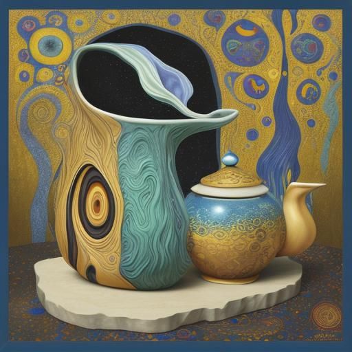 16k resolution, art by Gustav Klimt, Georgia O'Keeffe, Rene Magritte, eccentric pottery, otherworldly designs, clay fant...