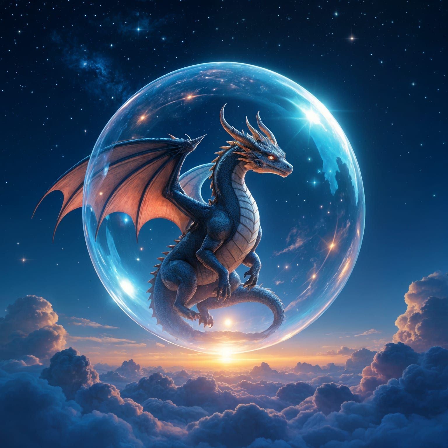 Dragon in Bubble Against Starry Sky: Digital Matte Painting