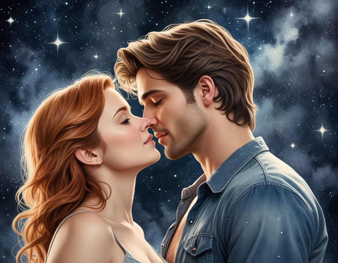 Serene Lovers Stargaze in Realistic Digital Watercolour