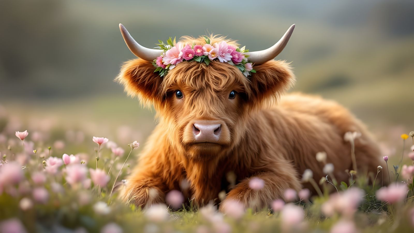 Cute Highland Cow in Spring Blooms
