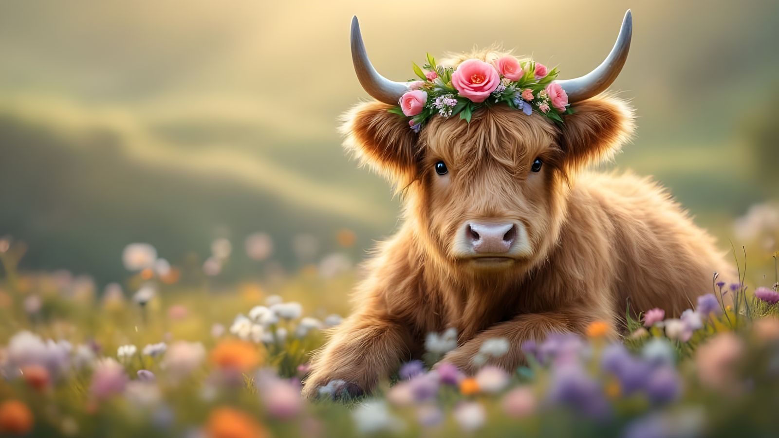 Charming Highland Cow in Spring Bloom