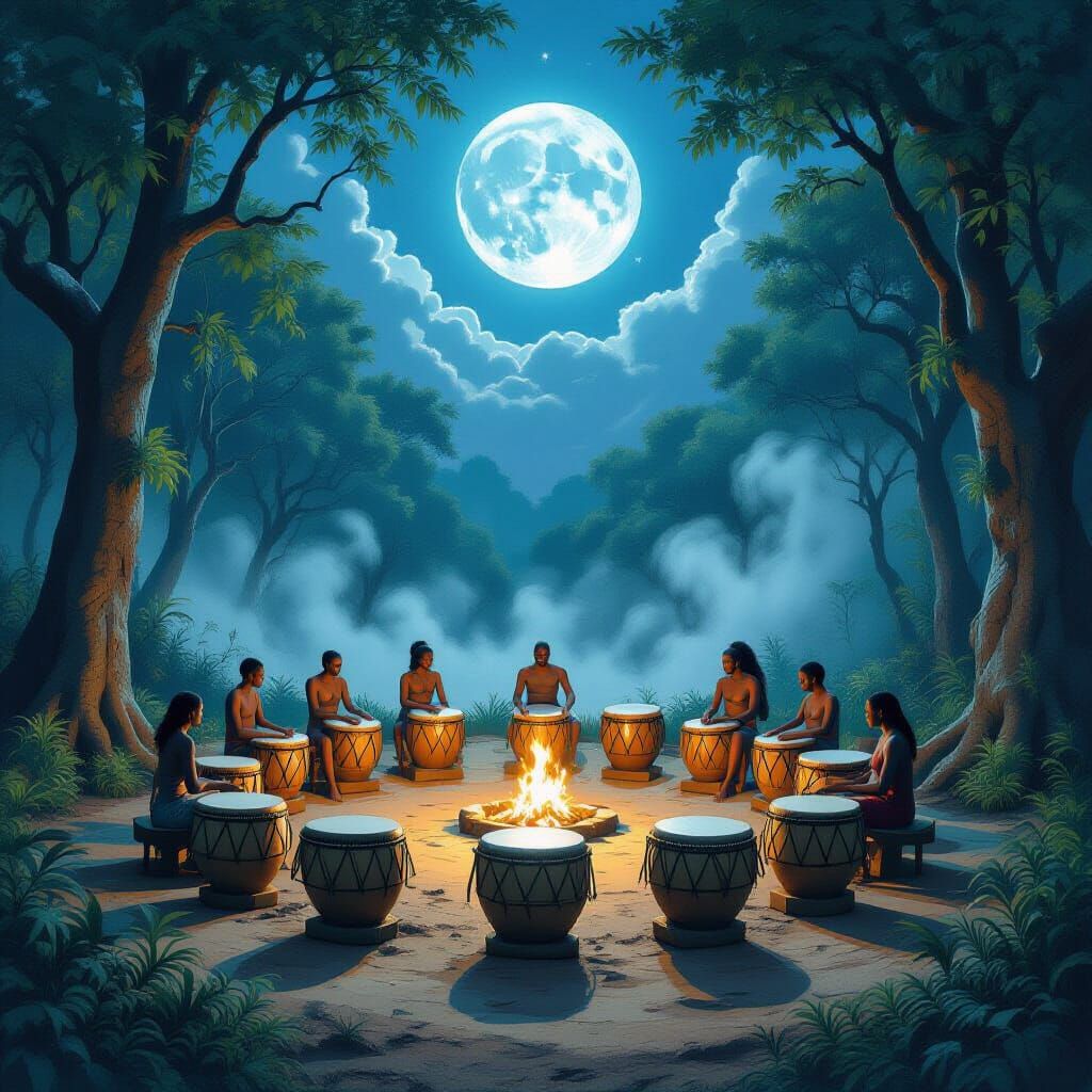 Mystical African Forest Clearing with Ancient Drums