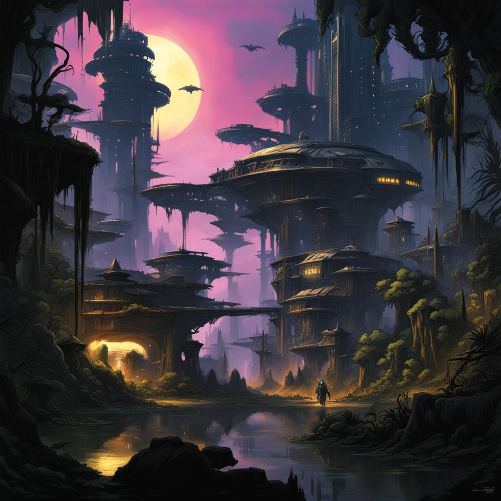 Grim-Dark Tau City in Jungle, Solarpunk Illustration