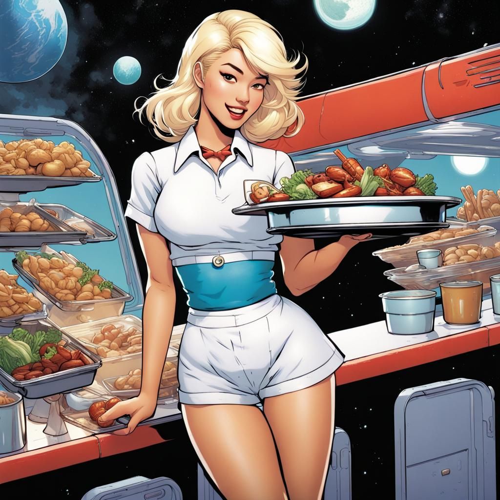 British-Korean Woman as Comic Pinup Waitress