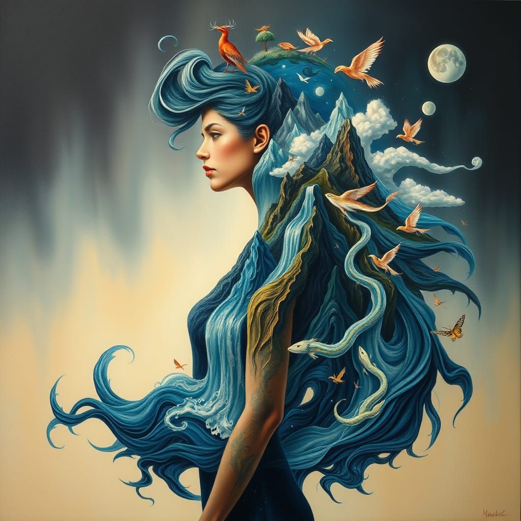 Ethereal Goddess in a Surreal Landscape of Unfurling Hair