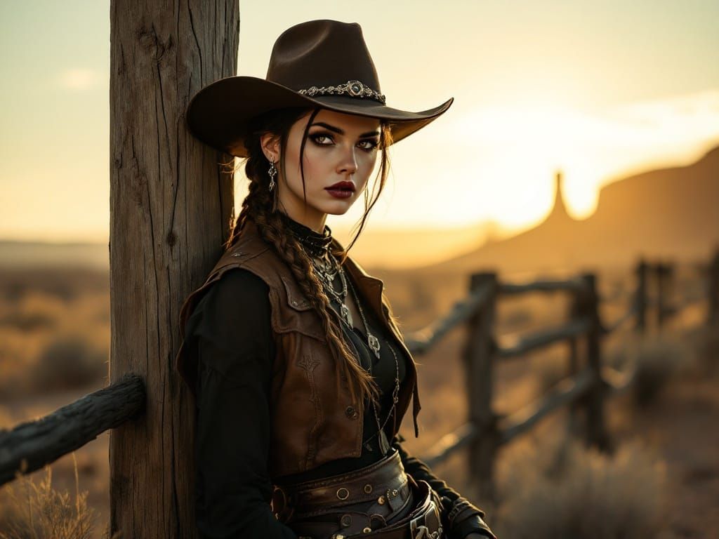 Gothic Frontier Goddess Leans Against Desert Post