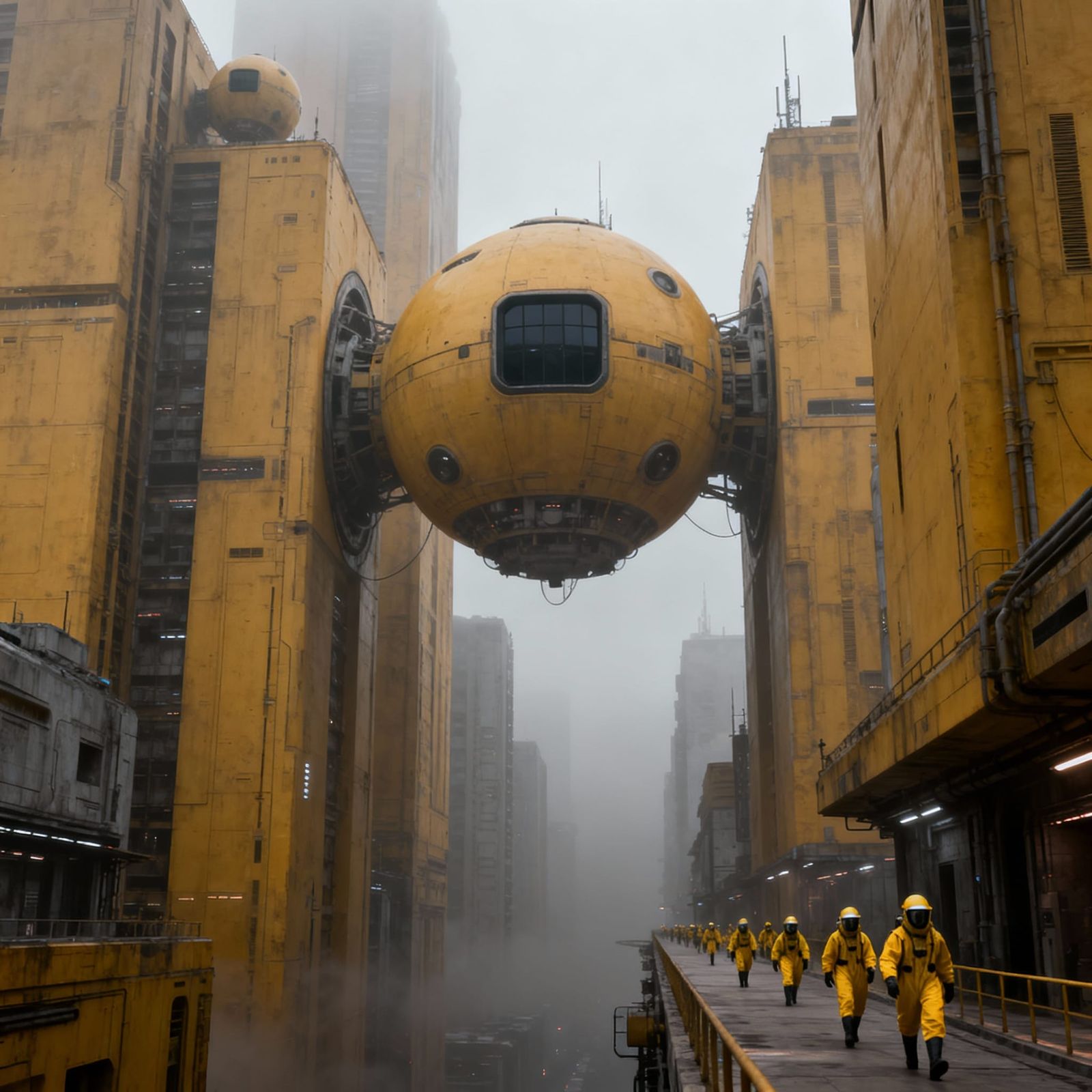 Dystopian Cityscape with Ochre Towers and Foggy Skies