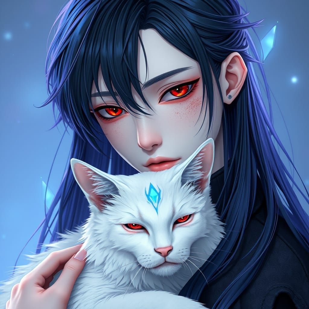 Ethereal Guardian with Majestic White Cat in Celestial Hues