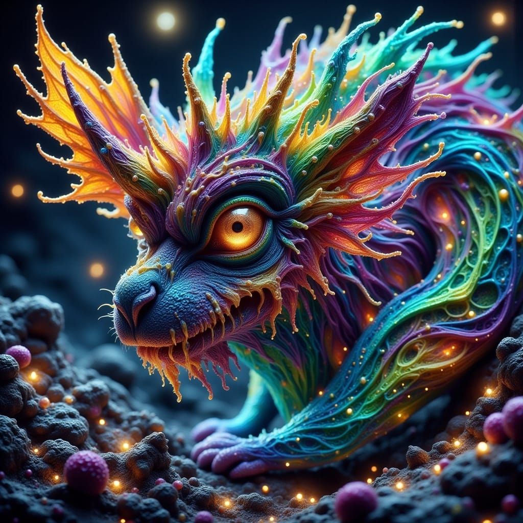 Surreal Fantasy Creature in a Darkened Realm of Twinkling Fa...