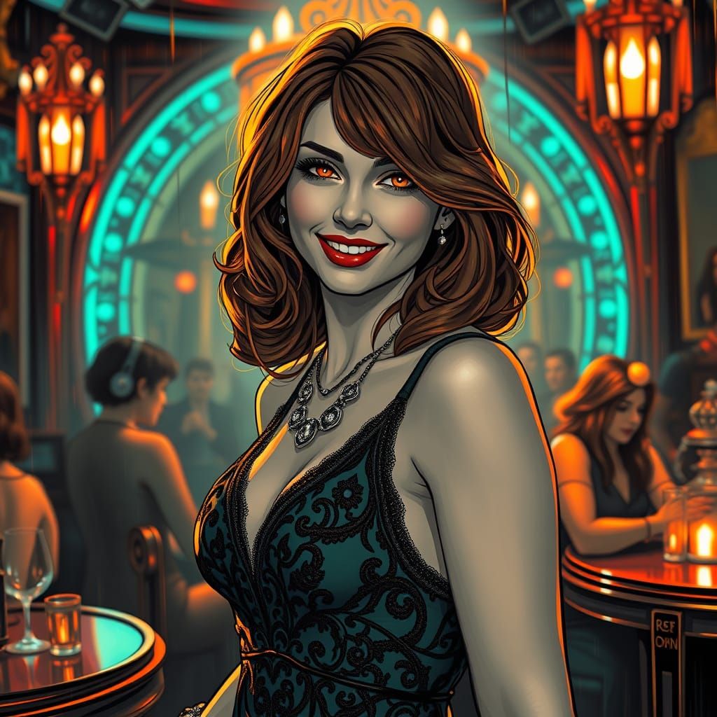 Gothic Flapper in Art Deco Club, Alcohol Line Art