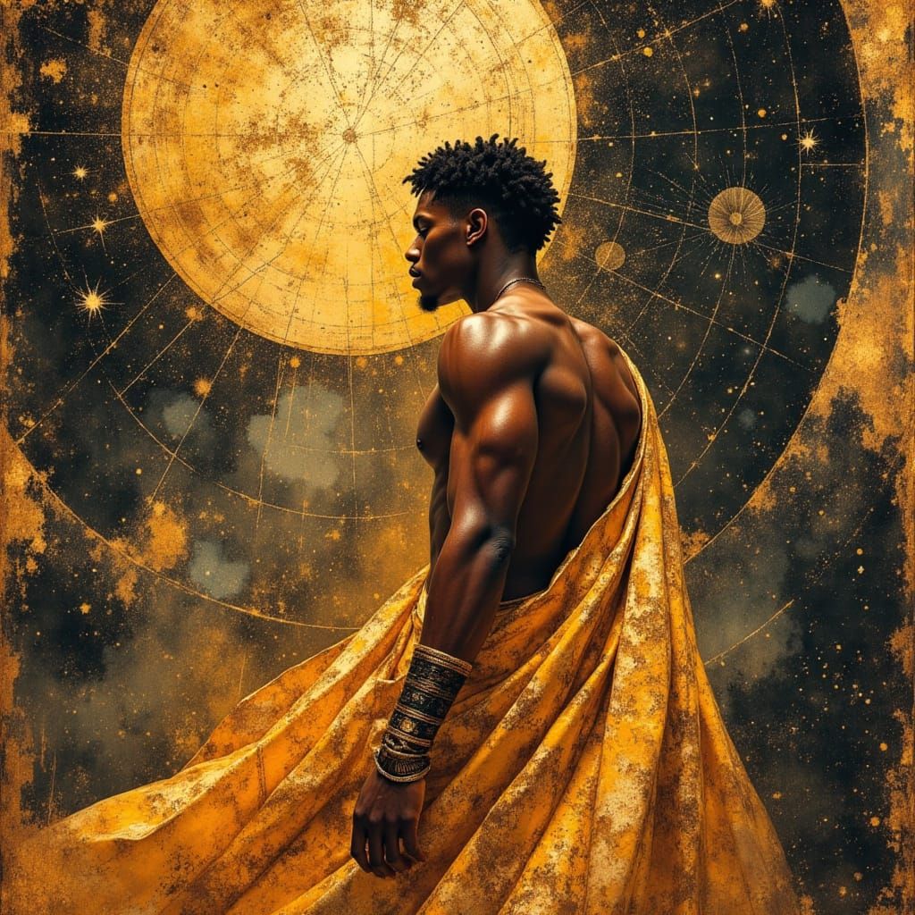 Nubian King Gazes at Celestial Map in Divine Oil Style