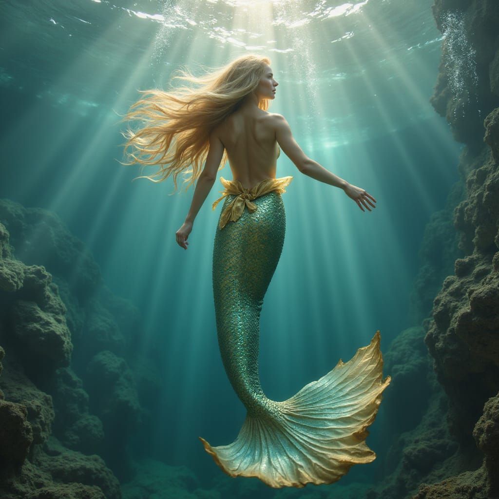Golden Mermaid Dives into the Underwater Realm