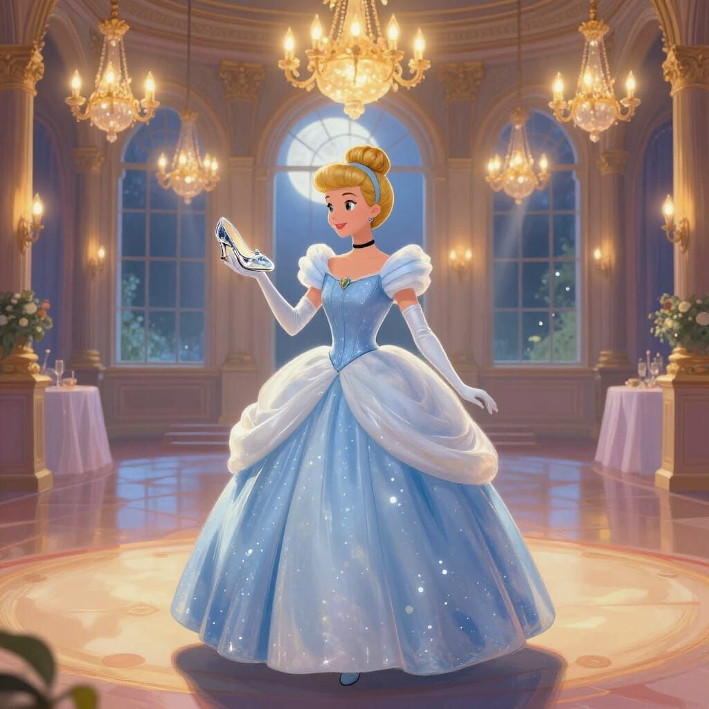 Cinderella in Ballgown Holding Glass Slipper in Grand Ballro...