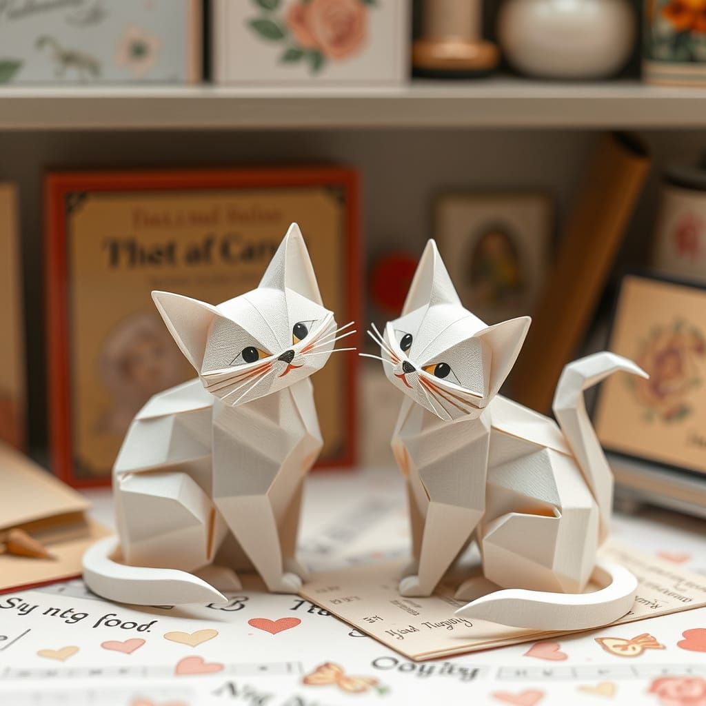 Origami Cats with Vintage Stationery in Soft Focus